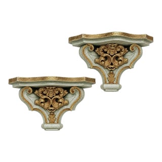 Large Vintage Gilt and Celadon Wall Brackets - A Pair For Sale