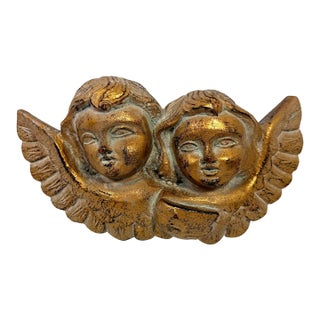 Vintage Gold Cherub Angel Wall Plaque Double Winged Putti Relief Sculpture 10in For Sale