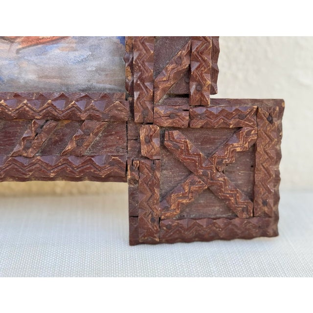 Wood Antique Tramp Art Wood Frame With Modern Erica Everage Art Drawing-Abstracted Figurative Work on Paper For Sale - Image 7 of 12