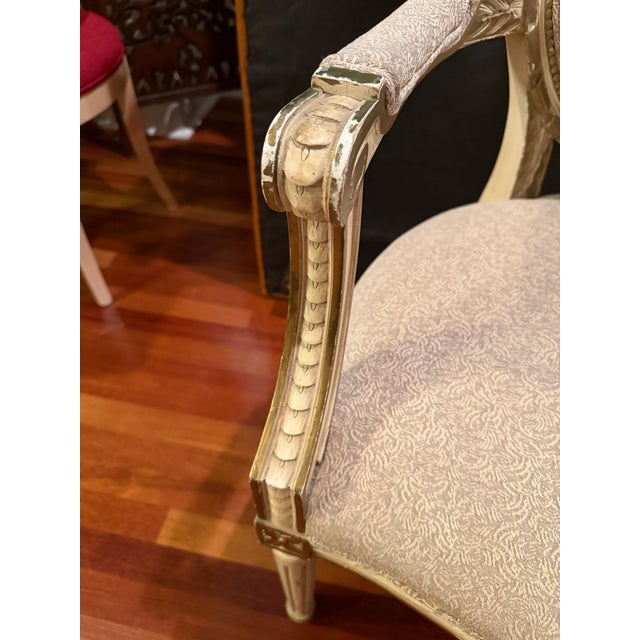 Vintage 1940s Louis XVI French Revival Neoclassical Giltwood Bow-Crest Armchair For Sale - Image 9 of 11