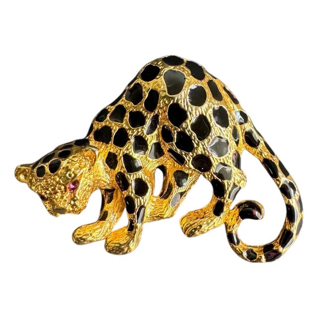 Vintage Leopard Brooch Gold Tone Cheetah Jaguar Pin Enamel Rhinestone Park Lane For Sale