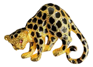 Vintage Leopard Brooch Gold Tone Cheetah Jaguar Pin Enamel Rhinestone Park Lane