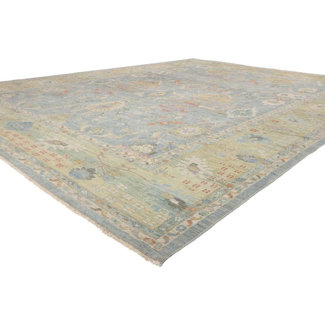 61292 Modern Light Blue Persian Sultanabad Rug, 12'10 x 16'06. Originating from Iran's Sultanabad region, Persian...