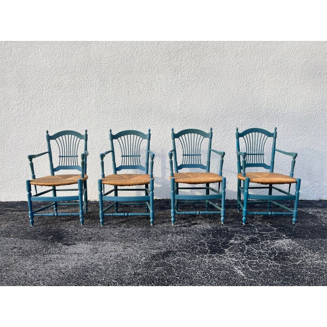 1980s Set of Eight Country French Wheat Sheaf Back Chairs, Rush For Sale - Image 12 of 17