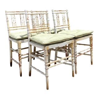 Vintage Distressed Wood Faux Bamboo Spindle Back Chairs - Set of 4 For Sale