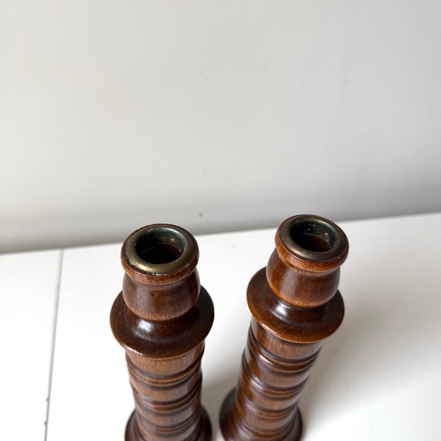Dark Oak Wood Candlestick Holders: A Pair For Sale - Image 4 of 4