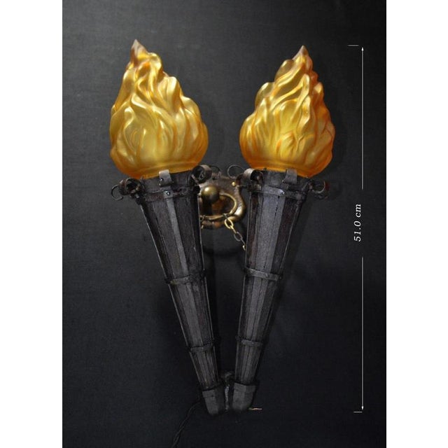 Victorian Gothic Twin Torchère Wall Light with Opaline Flame Shades, 1850s For Sale - Image 15 of 18