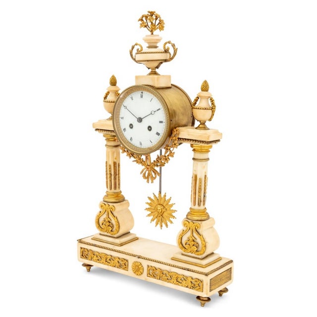 Louis XVI Style Gilt Metal Mounted White Marble Portico Mantel Clock, late 19th century, the circular enamel dial with...