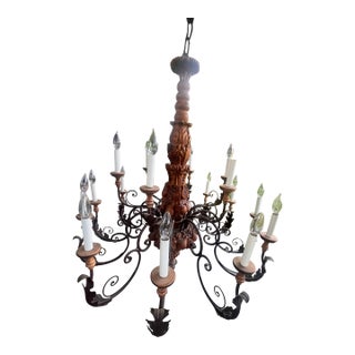 Late 20th Century Country French Hand Carved Wood With Scrolling Wrought Iron Arms For Sale