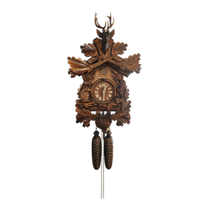 Vintage German Black Forest Hunting Lodge Cuckoo Clock With Deer, Rifles & Oak Leaves