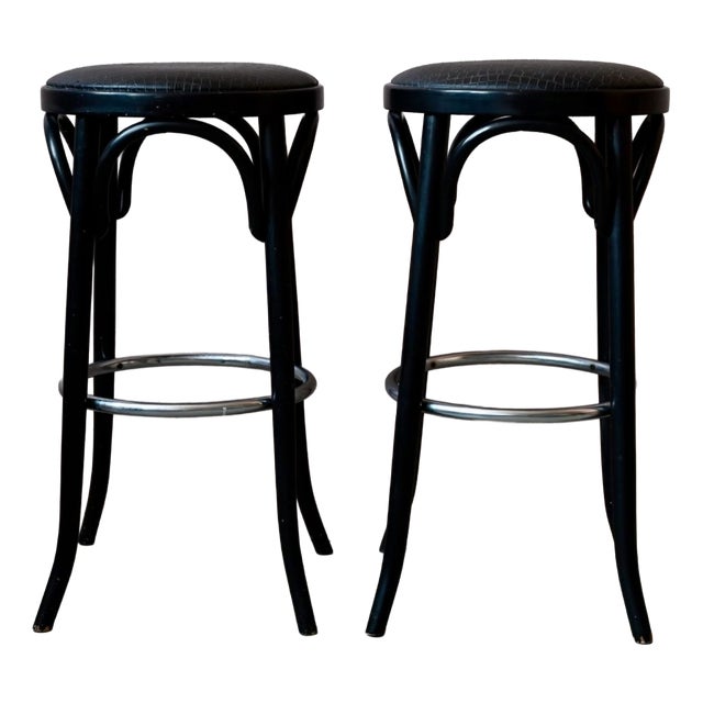 Bistro Bar Stools in Black and Chrome Tortoiseshell Vinyl, 1960s, Set of 2 For Sale
