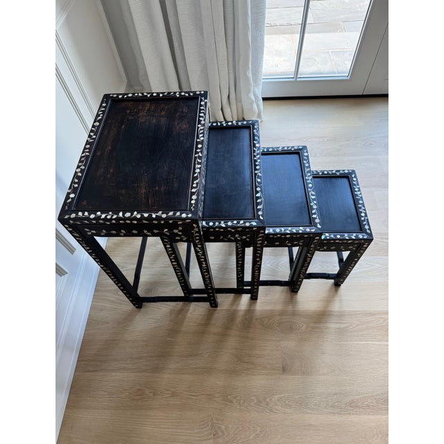 Wood Vintage Asian Export Mother-of-Pearl Inlaid Graduated Nesting Tables – Set of Four For Sale - Image 7 of 12