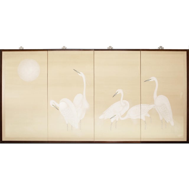 C. 1970s Japanese Style Monochrome Silk Screen "Egrets and Moon" For Sale - Image 17 of 17