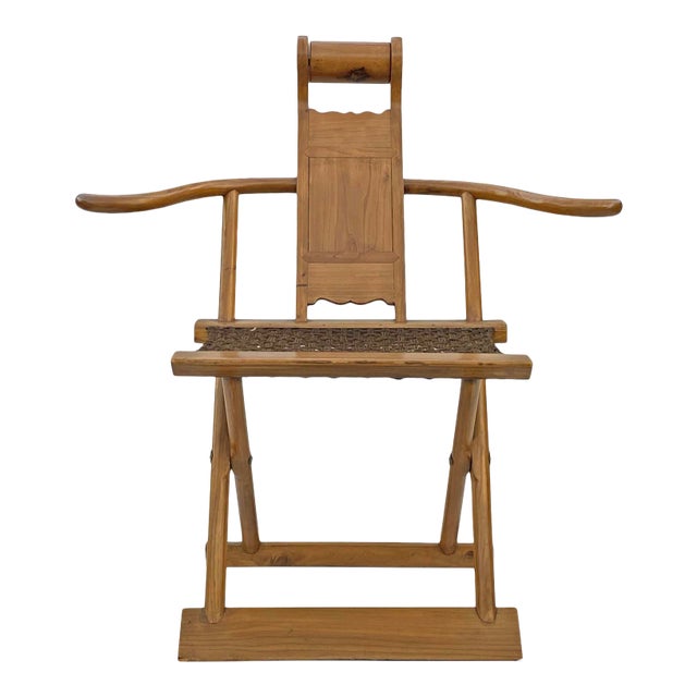 Chinese Elm Wood Wool Seat Wide Arm Folding Armchair For Sale