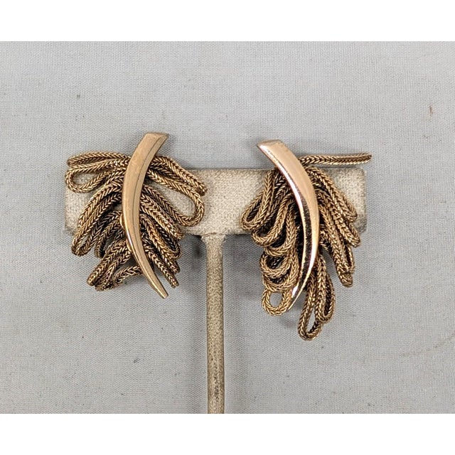 Napier Vintage 1950s Signed Napier Goldtone Fringe Leaf Clip Earrings-2 Pieces For Sale - Image 4 of 9
