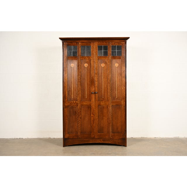 Stickley Harvey Ellis Collection Mission Arts & Crafts Inlaid Oak and Leaded Glass Armoire or Media Cabinet For Sale - Image 17 of 17