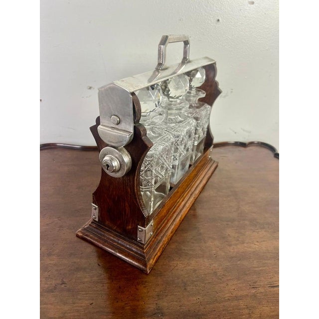 Brown Victorian Decanter Set in Oak Caddy, Crystal & Metal, England, 19th C. For Sale - Image 8 of 17