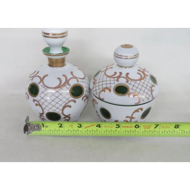 Glass Bohemian Perfume Bottle Czechoslovakia Cased Glass to Green Set For Sale - Image 7 of 12