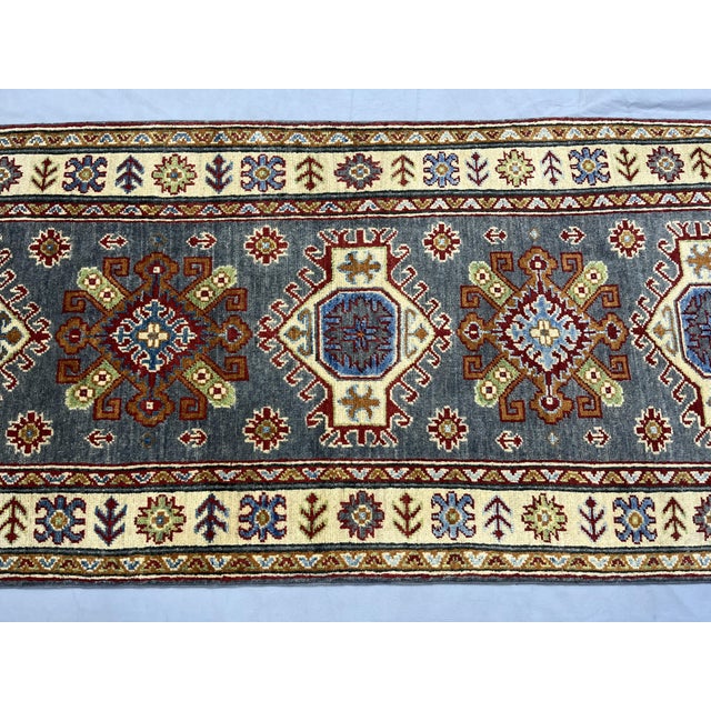 Cream Charcoal Gray and Cream Kazak Wool Runner Rug With Tribal Motifs, 2'8" X 6'8" For Sale - Image 8 of 18