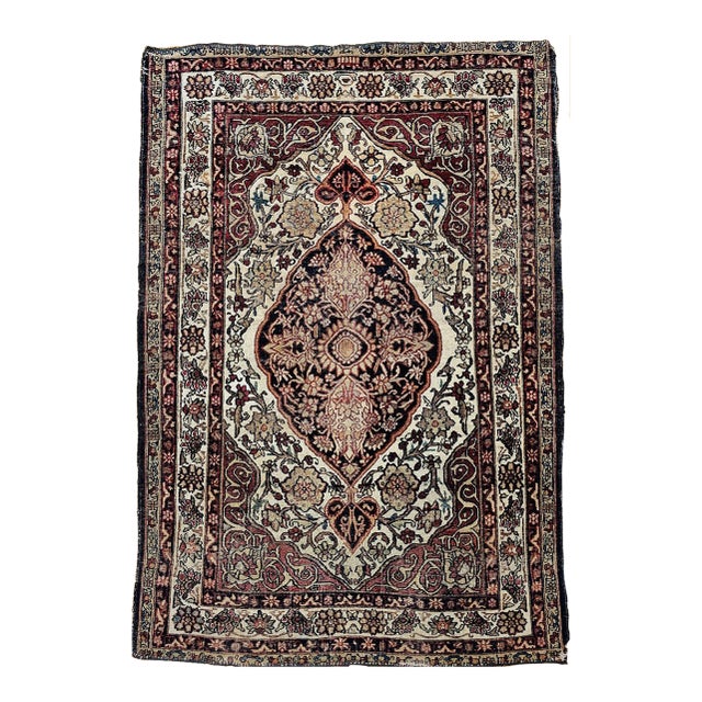 19th Century Persian Kerman Lavar Rug, Hand-Knotted Wool, Floral Design, Burgundy & Ivory, 4x6 For Sale