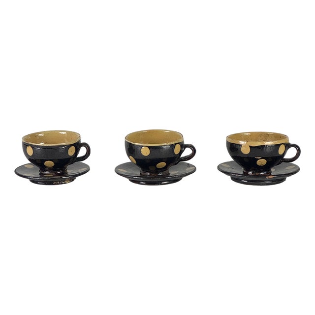 19th Century French Polkadot Demitasse Cups & Saucers Set of 3 - 6 pcs For Sale