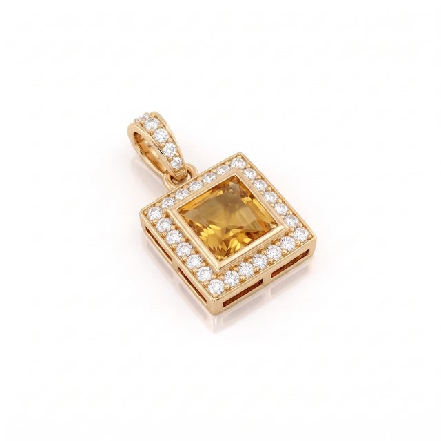 This radiant pendant features a warm, golden square-cut citrine at its center, admired for its sunny glow and vibrant...