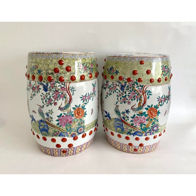 Chinoiserie Pair of Famille Rose Porcelain Garden Stools Circa 1900 For Sale - Image 3 of 11