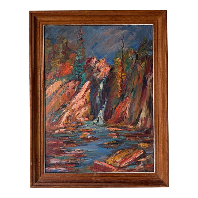 1970’s Vintage Impressionist Autumn River Landscape Oil on Canvas Painting, Framed For Sale