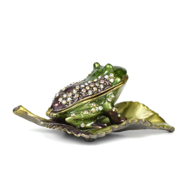 Metal Late 20th Century Sitting Frog One a Leaf Figurine Trinket Box For Sale - Image 7 of 9