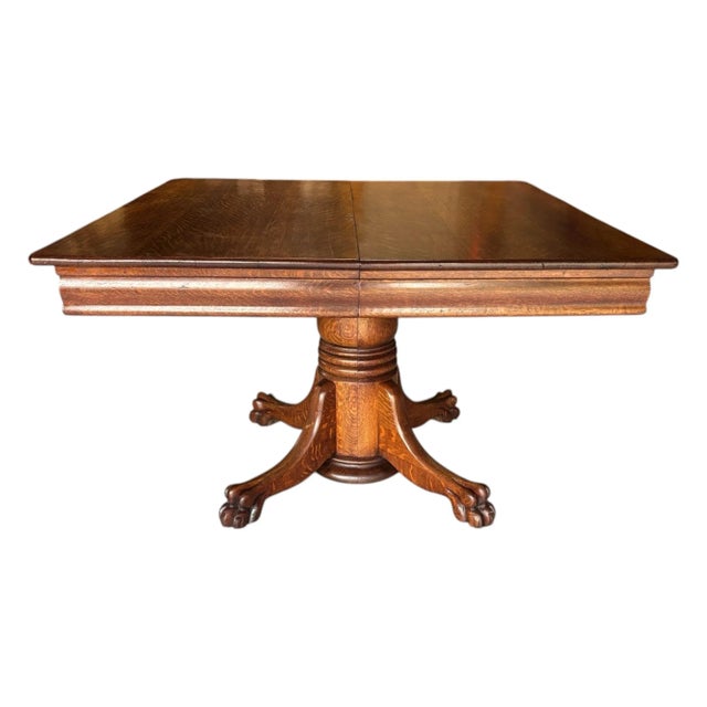 Stunning oak tiger wood/quarter sawn, pedestal table with 4 Fiddleback dining chairs. This set brings The Wow Factor! The...