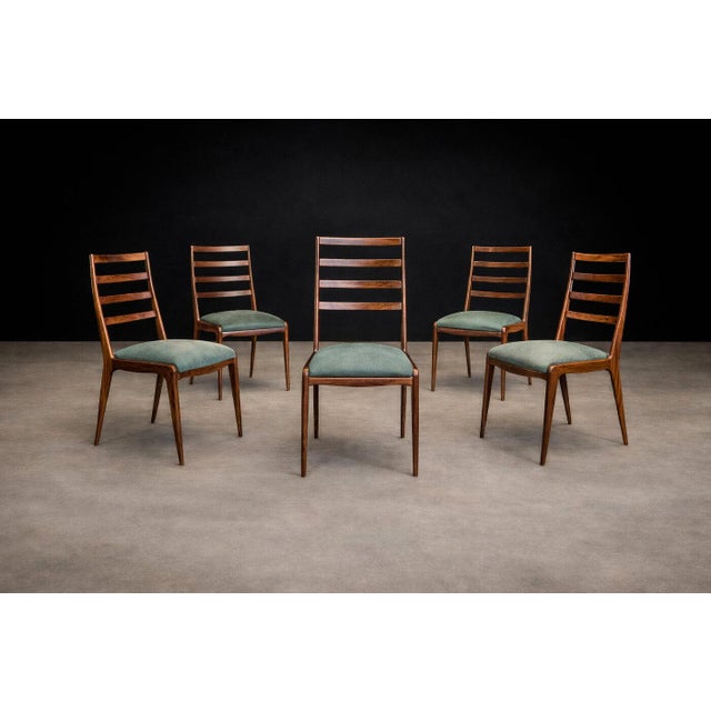 Green Set of Six Dining Chairs in Caviuna Hardwood and Suede by Angelini, Brazil, 1950s For Sale - Image 8 of 15