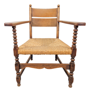 Vintage Dutch Bobbin Armchair in Oak and Rush, 1930s