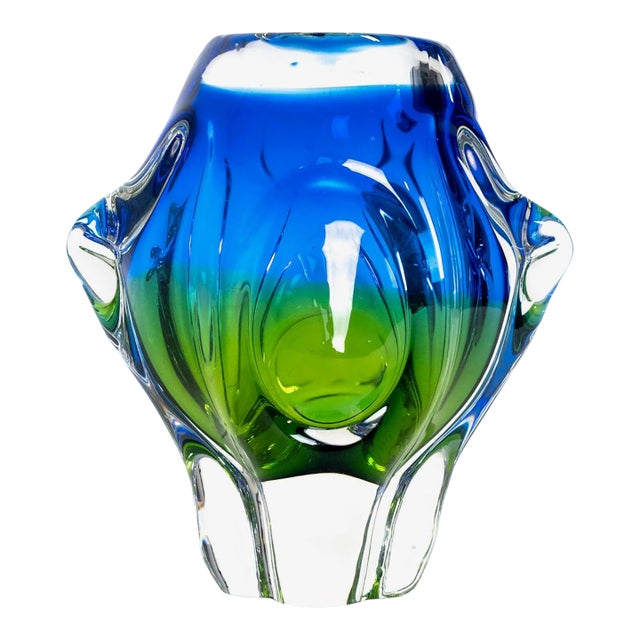 1960s Czech Art Glass Blue-Green Vase by Chribska Glassworks For Sale