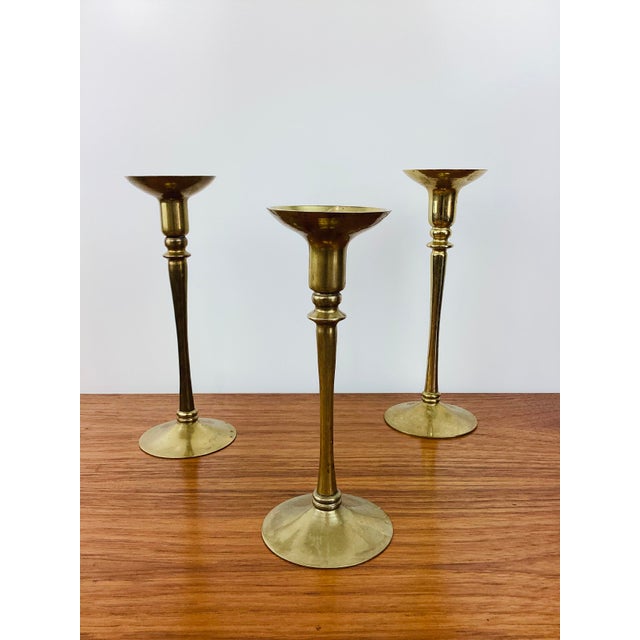 Art Deco Vintage Tall Brass Graduated Size Set of 3 Candle Holders For Sale - Image 3 of 6