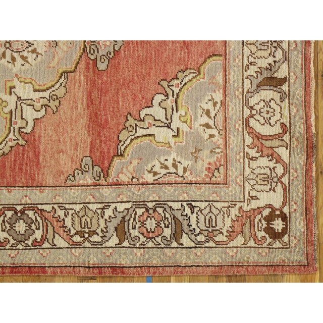 1920s Antique Oushak Rug, Handmade Oriental Rug, Coral, Beige, Taupe Fine Rug For Sale - Image 5 of 11