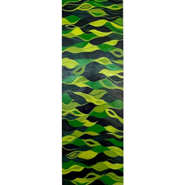 Original Abstract Oil Painting on CradledPanel Green “Breezy” Signed 36” X 12” For Sale