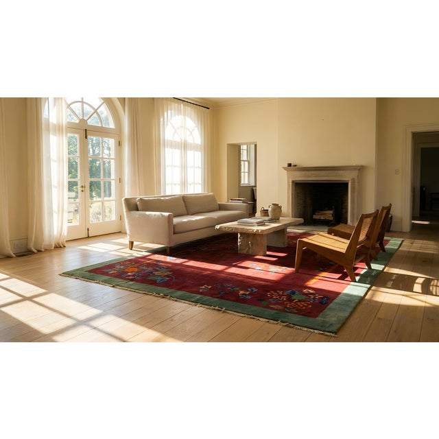 Early 20th Century 1920s Red Floral Modern Antique Chinese Art Deco Rug 9'0" X 11'8" Handknotted Wool Carpet For Sale - Image 5 of 7