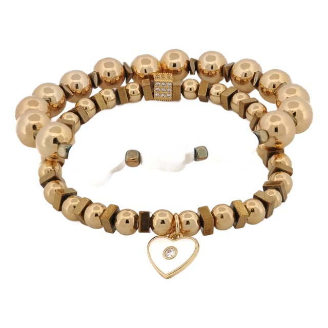Spiritual Heart & Lucky Clover Gold Beaded Bracelet Set For Sale