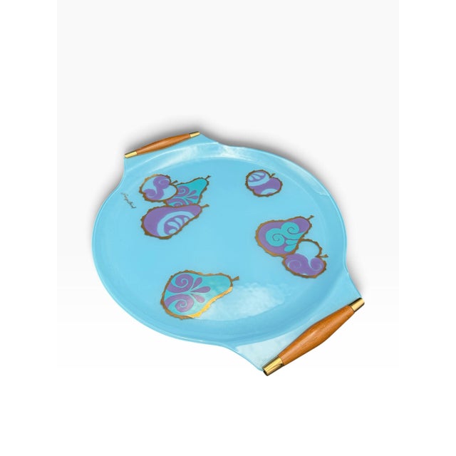 Mid-Century Modern Vintage MCM Georges Briard Large Blue & Purple Fruit Curved Glass Tray W/ Wood Handles For Sale - Image 3 of 10