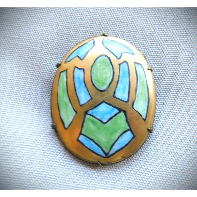 1920s Art Deco Geometric Hand-Painted Limoges Porcelain Blue, Green, Gold Oval Brooch Pin, C. 1920 For Sale - Image 5 of 8