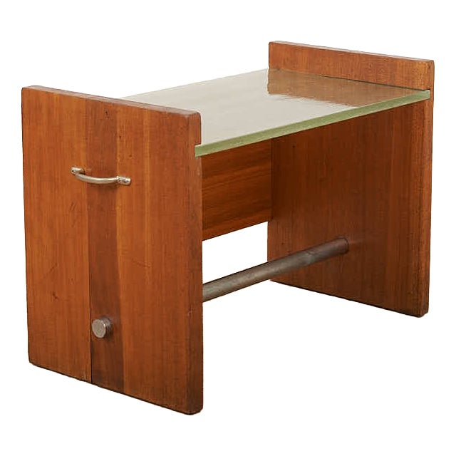 Side Table in Veneered Plywood with Sand-Cast Glass Top, Metal Tube and Handles by Jacques Adnet, 1930s For Sale