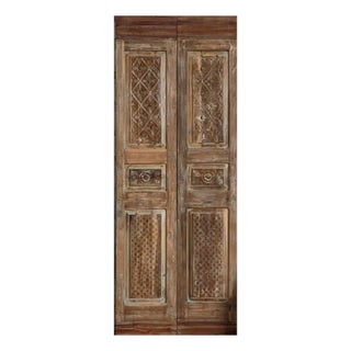 Antique Floral Carved Wood Double Doors | Rustic Natural Architectural Door Panels, 80x30 For Sale