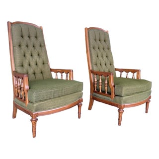 Mid Century Broyhill Green Tufted Highback Chair Pair For Sale