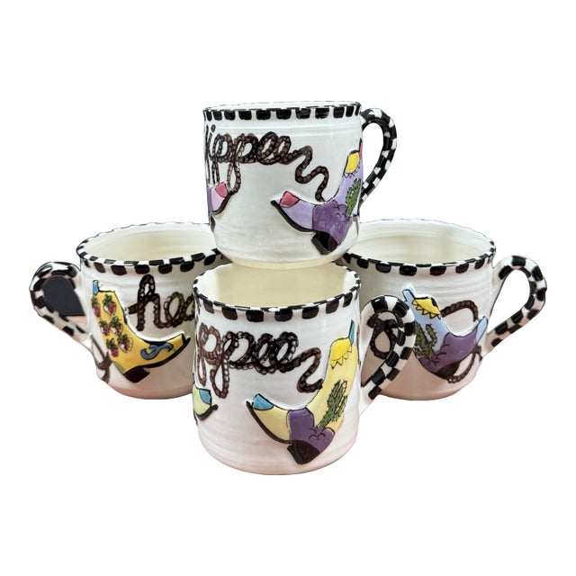 Robin Sterling for Barneys New York Handmade Pottery Western Style Cowboy Boot Checkerboard Mugs - Set of 4 For Sale