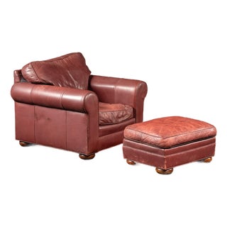 Late 20th Century Red Leather Armchair With Ottoman For Sale
