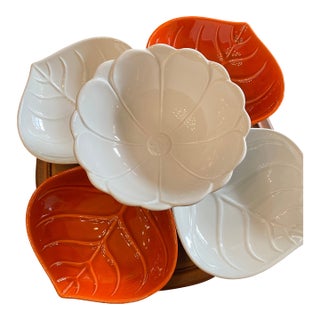 Mid 20th Century Curated Mid-Century Ceramic Collection – California Pottery, Leaf & Cabbage Bowls, White Floral Bowl & Lazy Susan - 6pcs For Sale