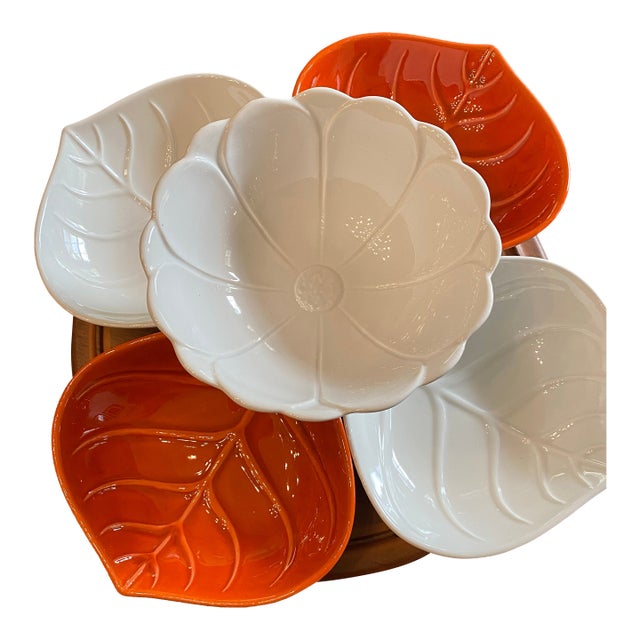 Mid Century Curated Mid-Century Ceramic Collection – California Pottery, Leaf & Cabbage Bowls, White Floral Bowl & Lazy Susan - 6pcs For Sale