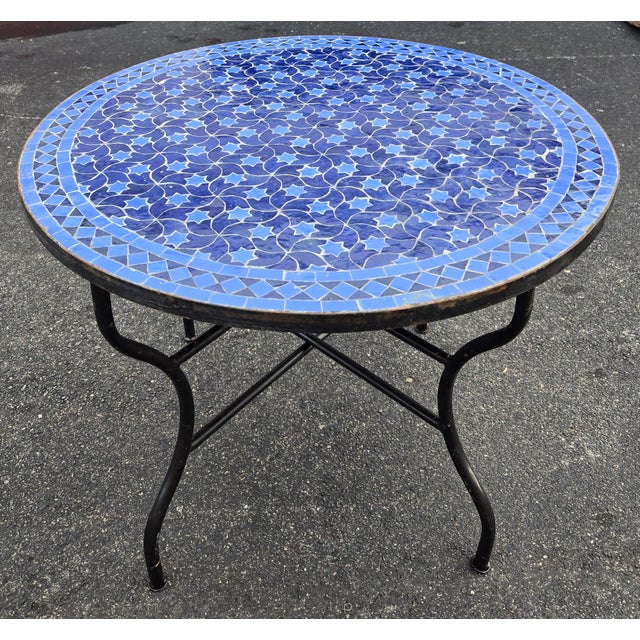 Metal 40" Handcrafted 2 Shades of Blue Rafraf Moroccan Mosaic Table For Sale - Image 7 of 7