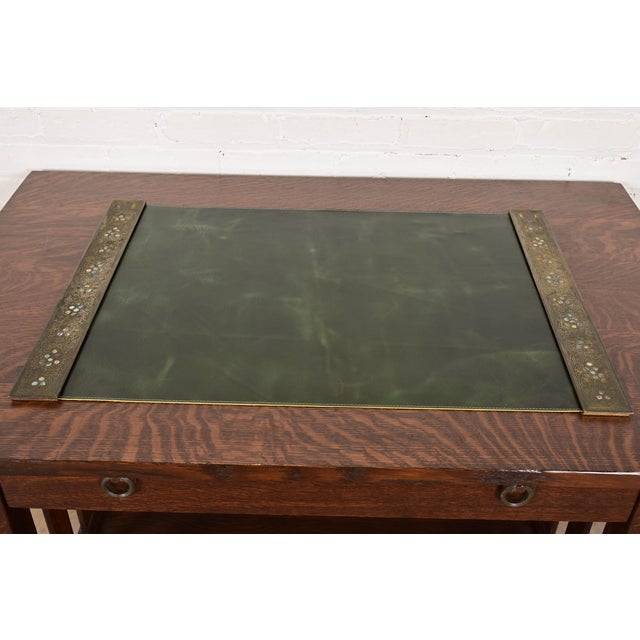 A gorgeous pair of Art Deco or Arts & Crafts period bronze blotter ends with inset abalone, together with a custom green...