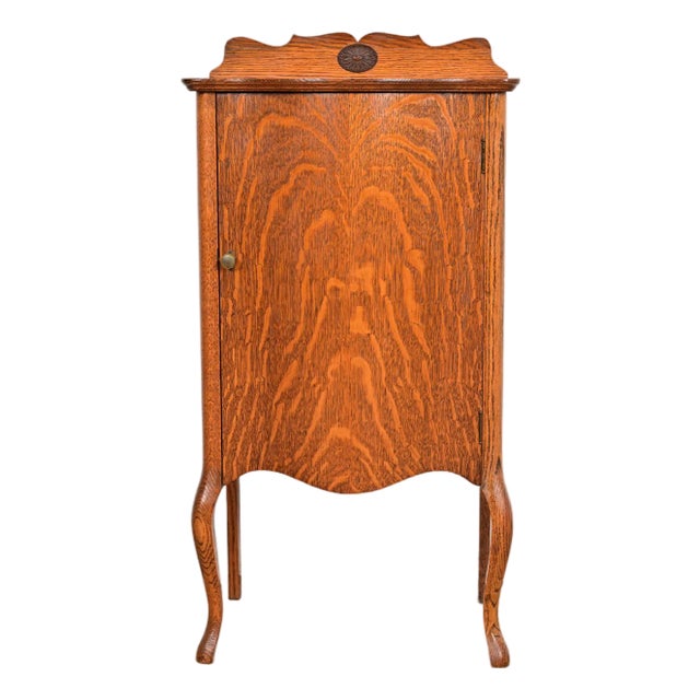 Antique Victorian Carved Tiger Oak Music Cabinet, Circa 1900 For Sale